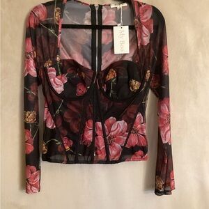 Floral Long Sleeve Mesh Blouse - Black and Pink